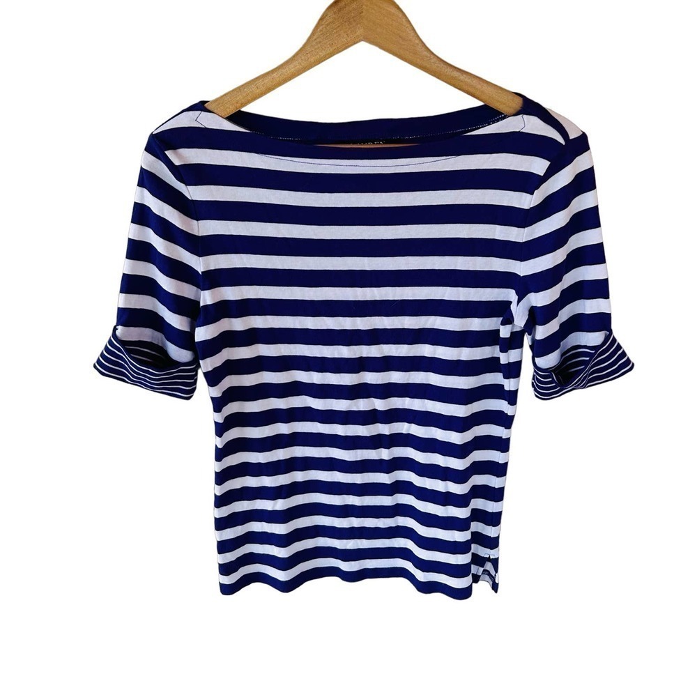Lauren Ralph Lauren sz M purple white stripe boatneck jersey knit tee top blouse